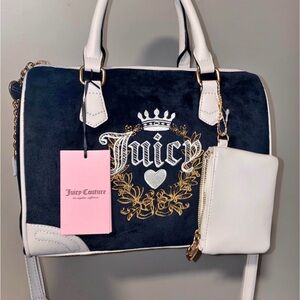Juicy Couture Navy and White Embroidered Satchel with Gold Accents